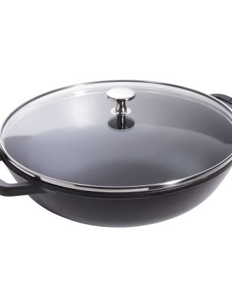 Staub Wok i Gjutjärn Med Glaslock 30 Cm - Wokpannor Svart