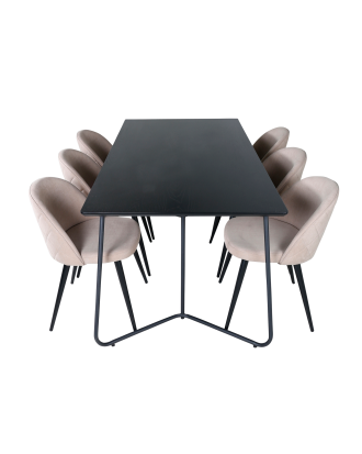 Venture Home - Matgrupp Petra med 6 st matstolar Velvet Stitches - Svart