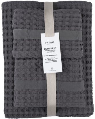 The Organic Company Big Waffle Gåvoset 3-pack - Handdukar & Badlakan Ekologisk Bomull Mörkgrå